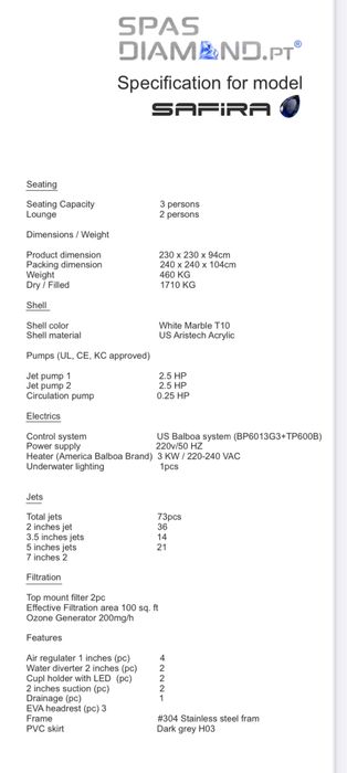 Spa Jacuzi Safira 2.30x2.30 7.530,00€ mergulho salgado piscinas e spas