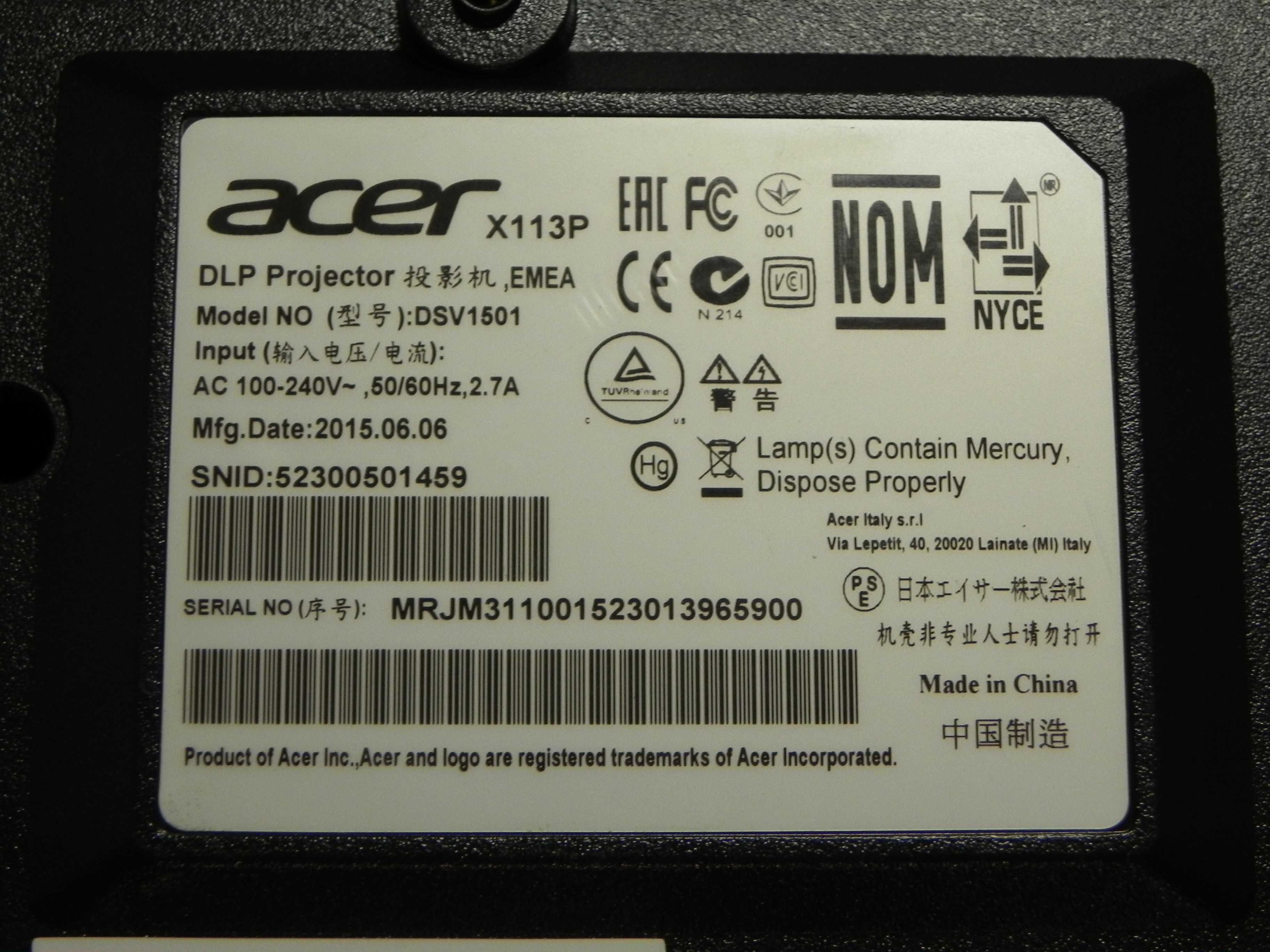 Проектор Acer X113P (нужна замена лампы)