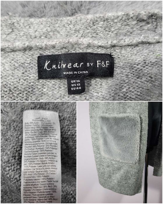 Szary długi kardigan F&F futerkowe kieszenie 42-44