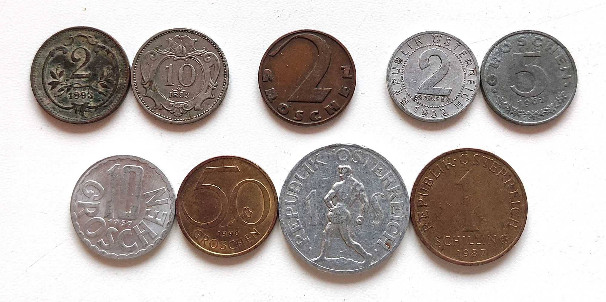 Набор монет Австрии (геллеры, гроши, шиллинги), 9 шт