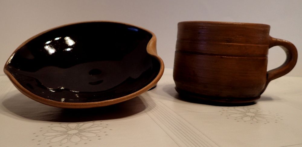 Zestaw hand made serwis z gliny rękodzieło kubki talerzyki dzbanuszek