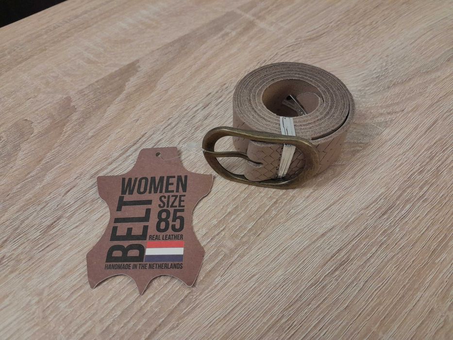 Nowy skórzany pasek z Holandii, Fancy Style beżowy_wzór/ 85_kl mosiądz
