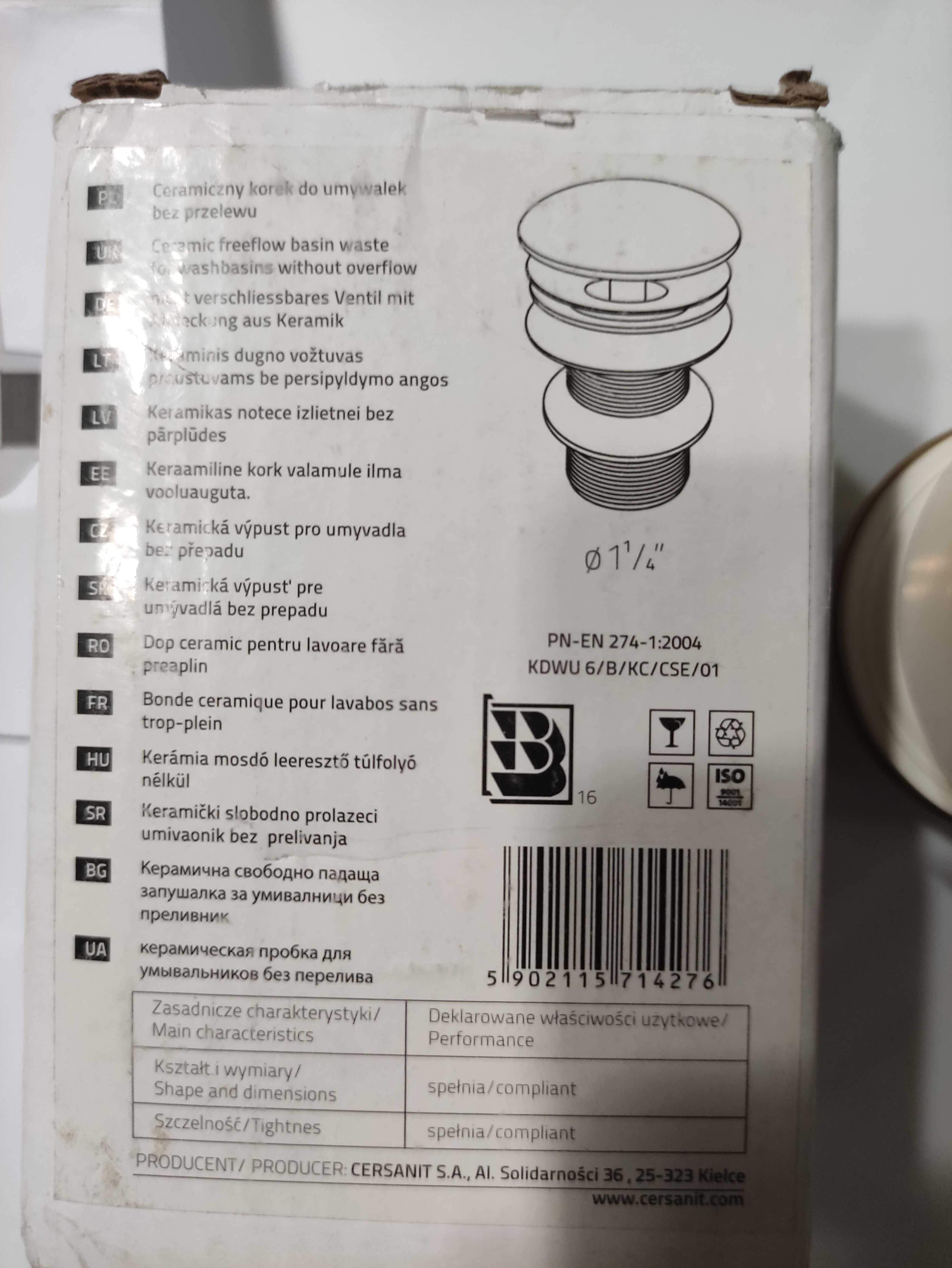 Nowy Ceramiczny korek do umywalek bez przelewu, Cersanit