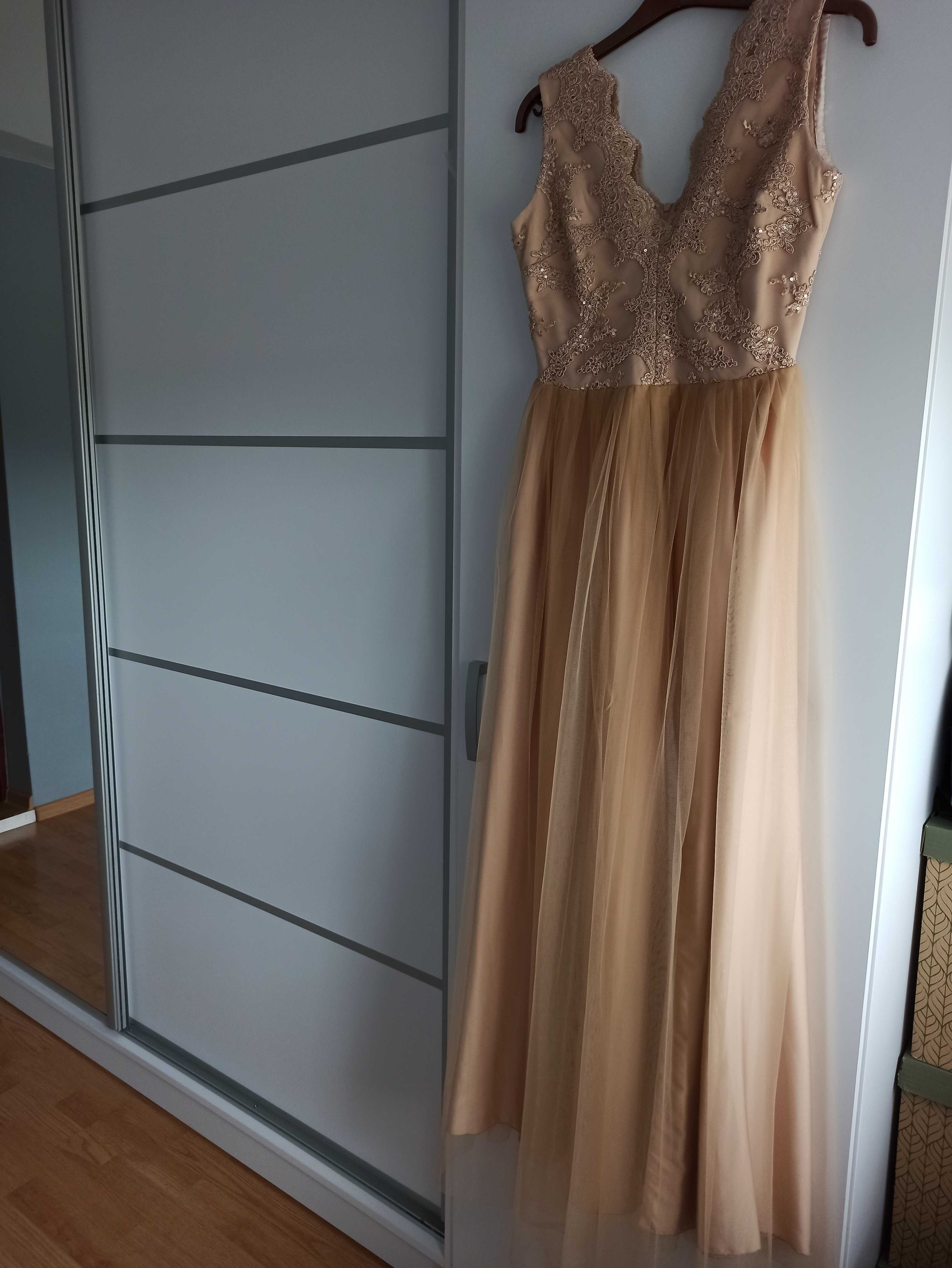 Sukienka długa złota tiulowa 36