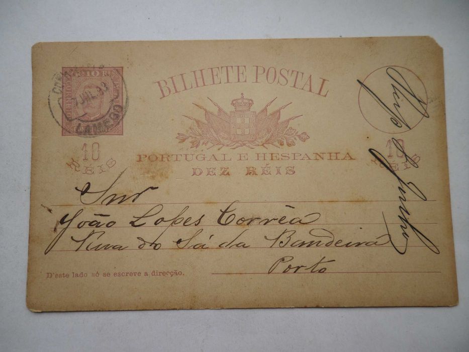 Bilhete Postal ano 1893 , selado, 10 Reis D. Carlos