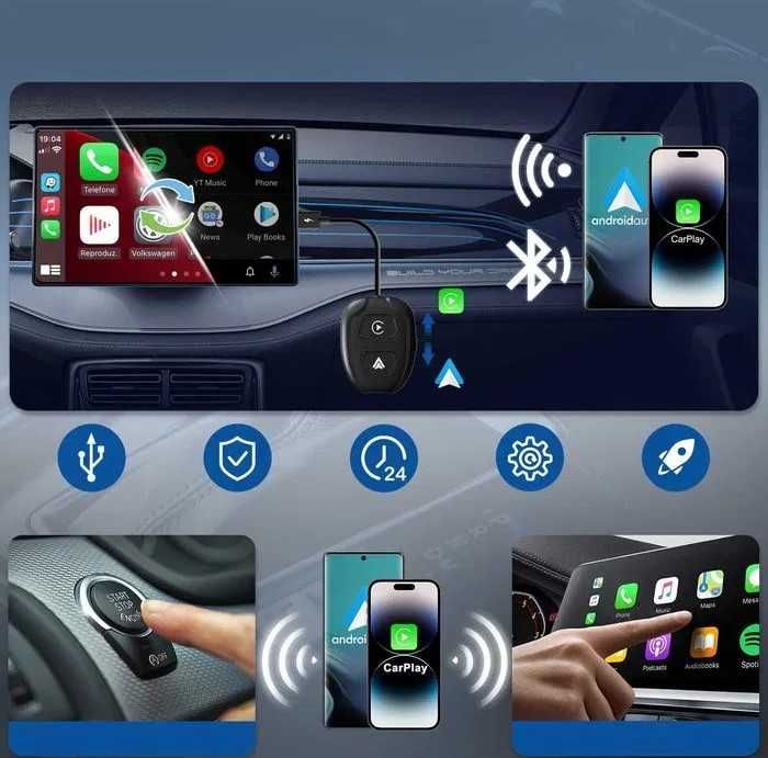 Bezprzewodowy Android Auto Adapter Carplay Iphone Wifi Bt Niezawodny