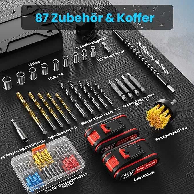 Wkrętarka akumulatorowa, 20 V, z 2 akumulatorami i 87 akcesoriami