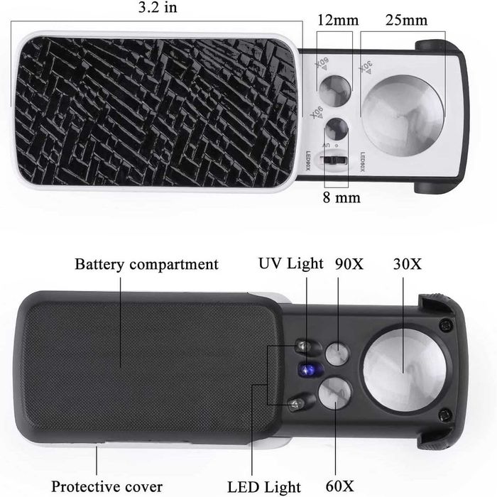 Lupa de joalheria com luz LED UV 30X 60X 90X