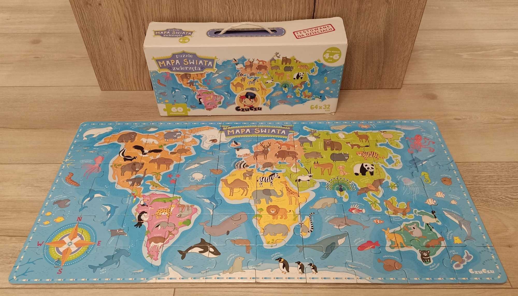 CzuCzu Puzzle Mapa świata zwierzęta 60 elementów 64x32 cm