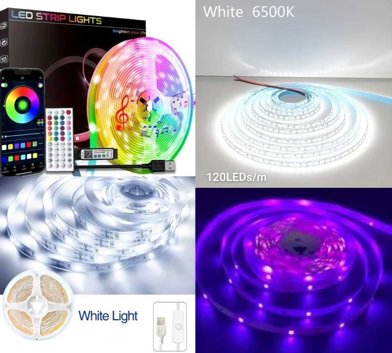 LED-стрічка RGB(5,10,15)м, пульт або додатком,фіолетова 5м,біла(5,10)м