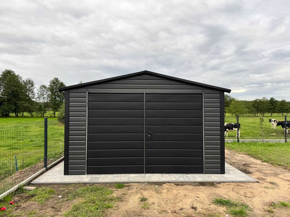 Garaż blaszany 4x6m dwuspadowy, grafit + czarny, profil ocynk