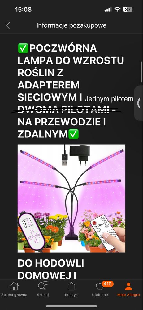 Lampa do wzrostu roślin poczwórna z adapterem sieciowym i pilotem