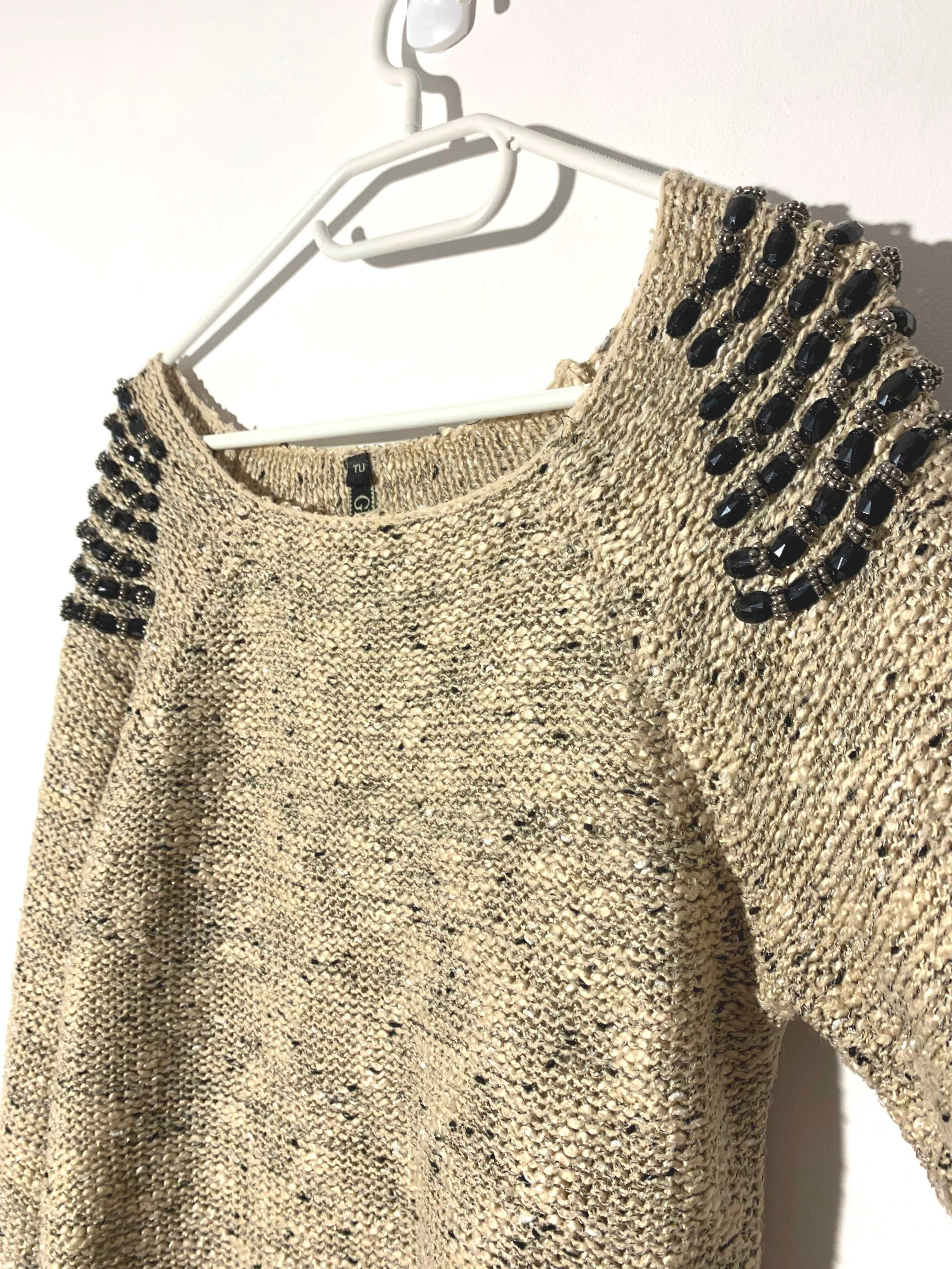 sweter beż nude S M 38 w łódkę z kamieniami koraliki boho hippie etno