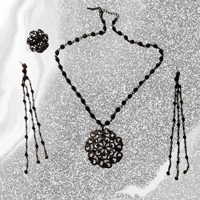 Эффектный Набор украшений из черных бусинок - Колье, Сережки, Кольцо