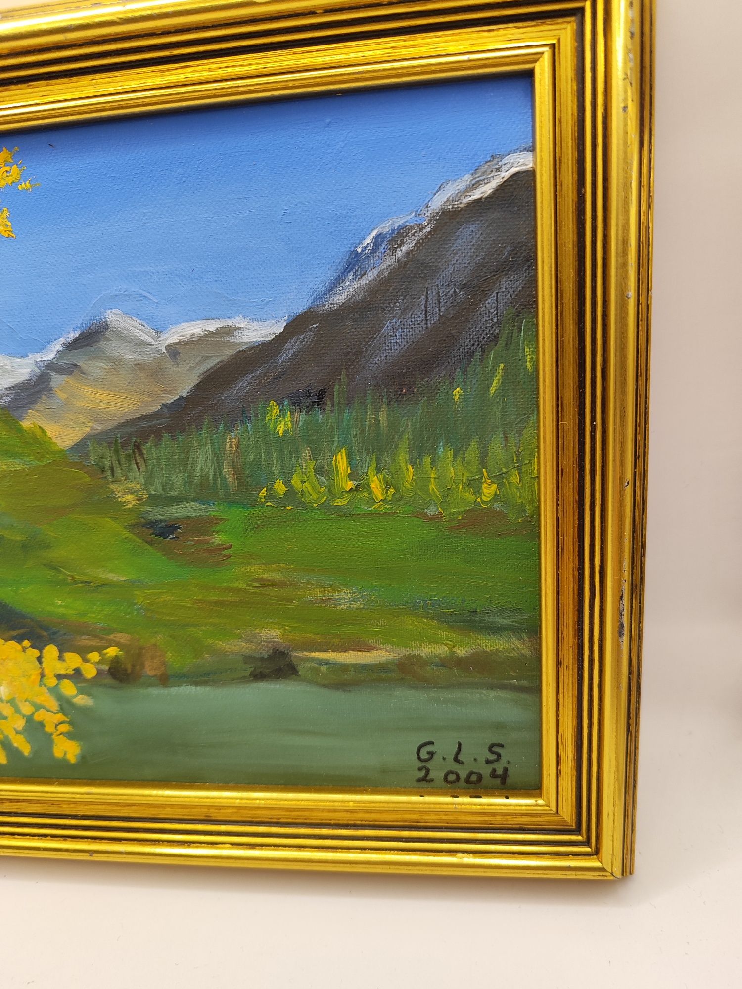 Obraz olejny w ramie pejzaż góry datowany 2004 r dekoracja ścienna