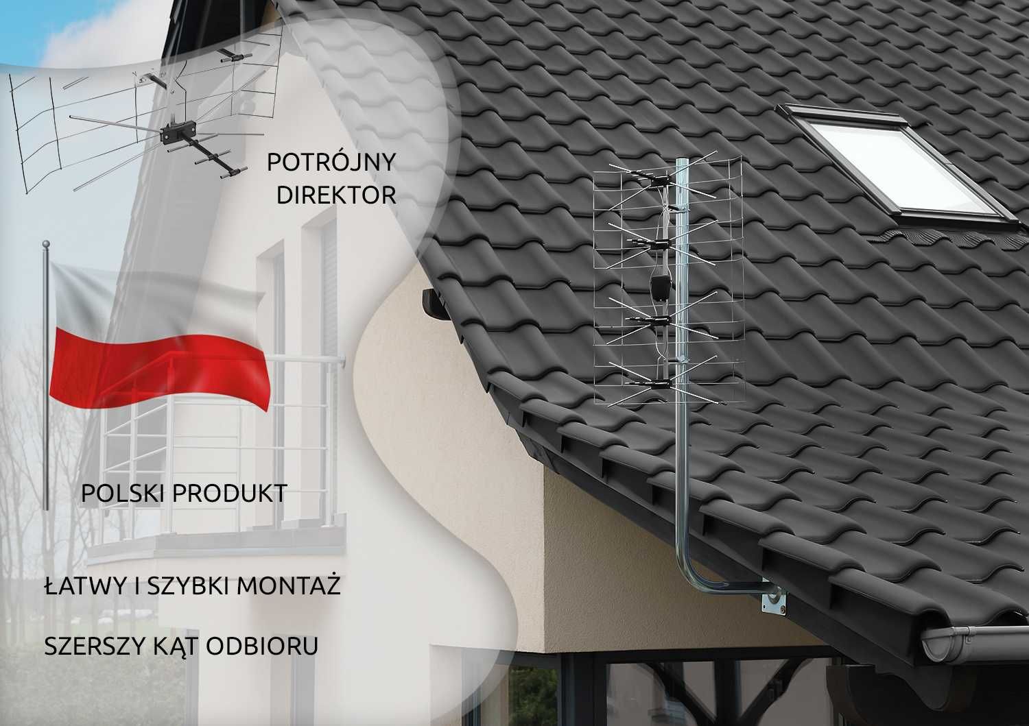 Polska Antena TV zewnętrzna DVB-T2 siatkowa MUX-8 ZASILACZ + PŁYTKA