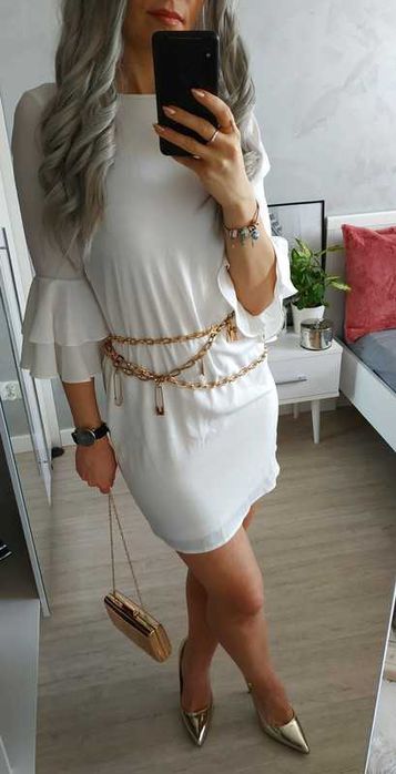 Traffic People biała sukienka z falbaniastymi rękawami S 36