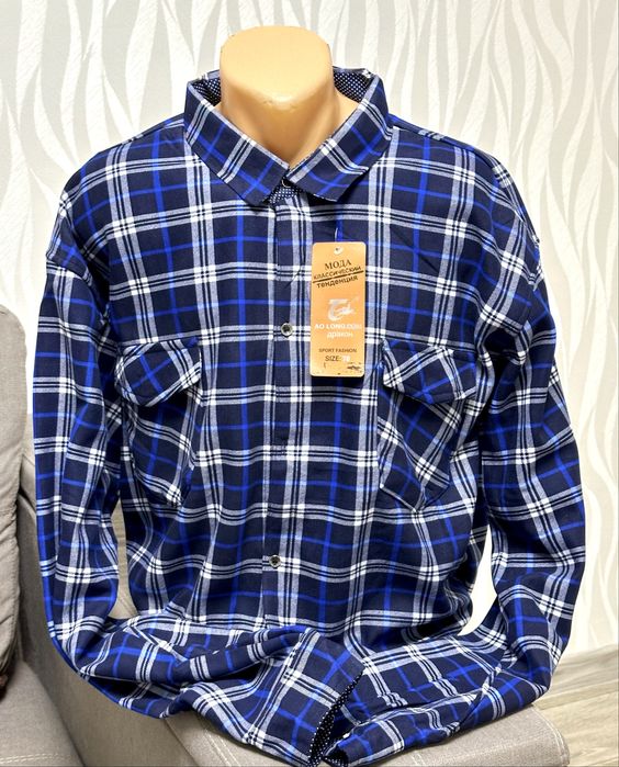 Тепла чоловіча сорочка 54 56 58 60 62 в клітинку фліс зима велюр