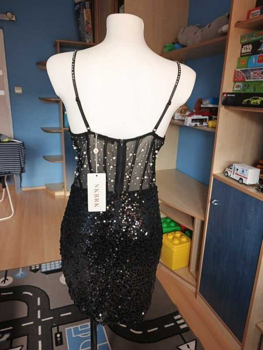 Sukienka damska mini cekiny i perły S