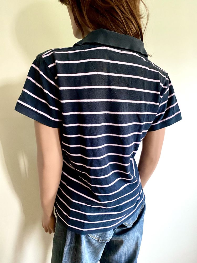 Polo tshirt granatowy w różowo-biały pasy r.16