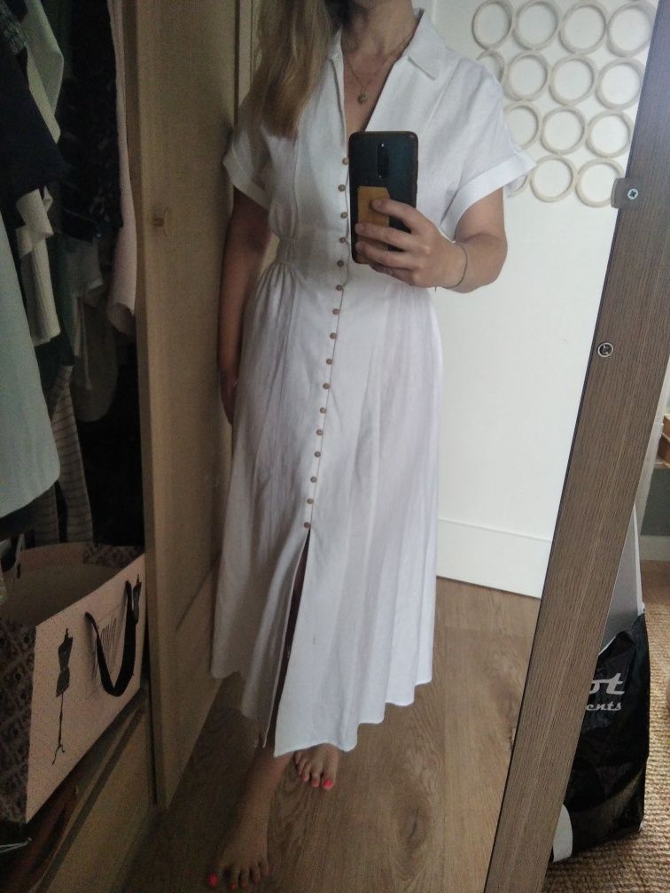 zara biała sukienka Midi len wiskoza 34 XS