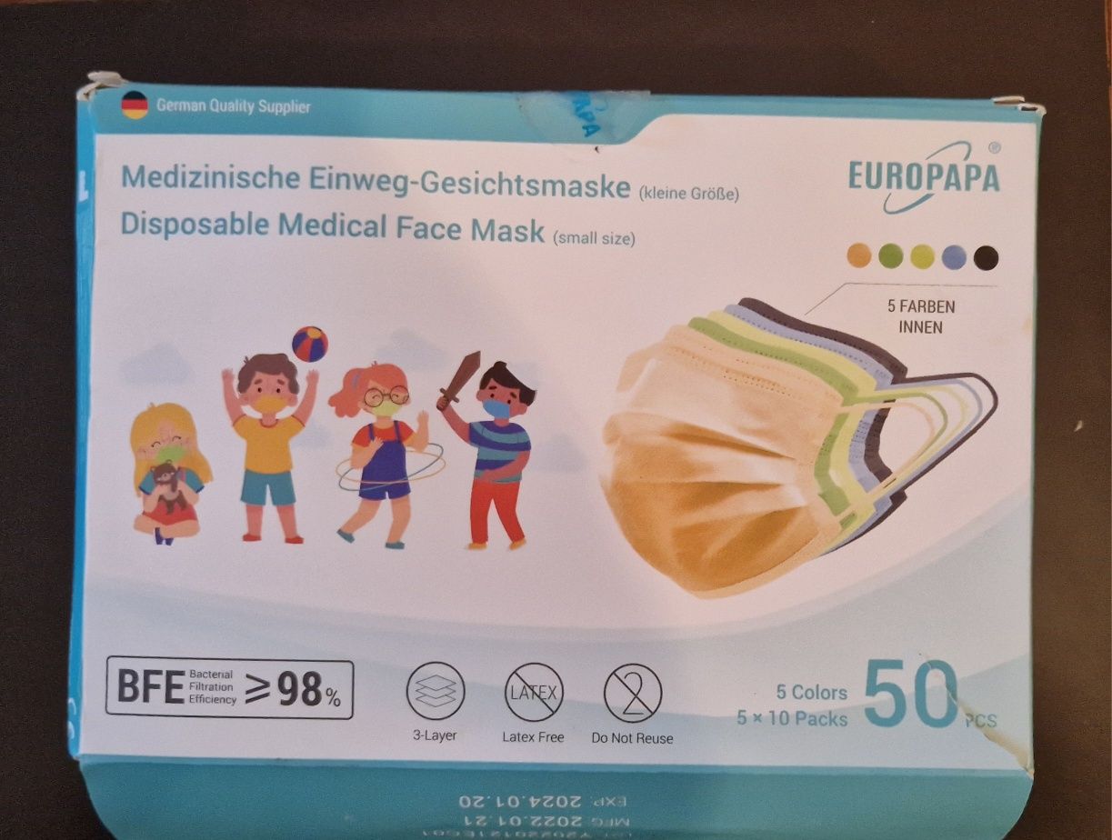 EUROPAPA | 50x maseczki medyczne dziecięce kolorowe