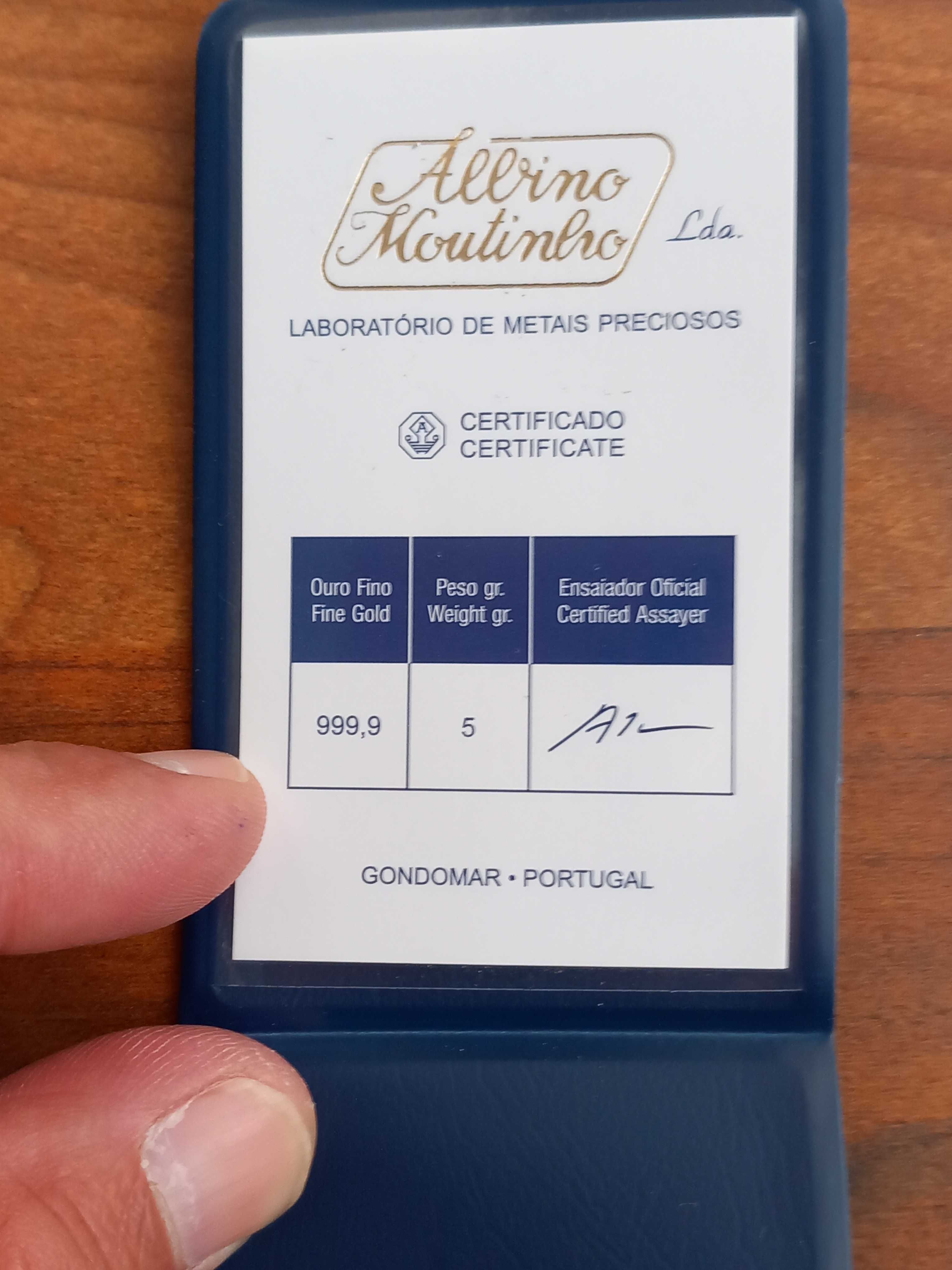 Barra de Ouro Puro 5g em Carteira e com Certificado