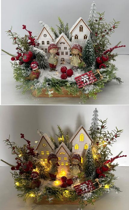 Stroik świąteczny LED zimowa wioska domki dzieci