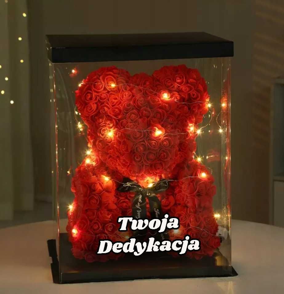 Duży MIŚ z róż WALENTYNKI Czerwony LED + Dedykacja