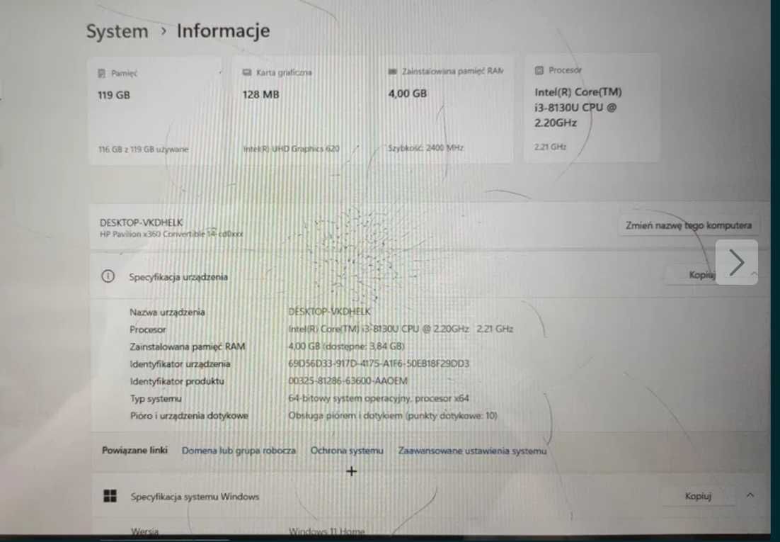 HP Pavilion x360 – i3-8130U – Uszkodzony – Okazja!