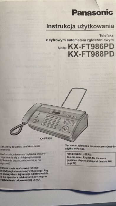 Telefaks z cyfrowym automatem zgłoszeniowym Panasonic Model KX-FT986PD