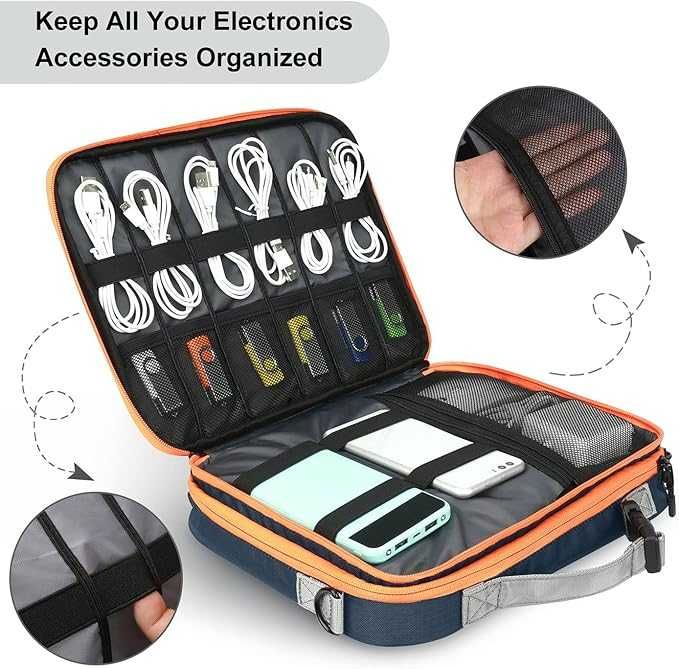 Dwuwarstwowy organizer na akcesoria elektroniczne na kable z paskiem