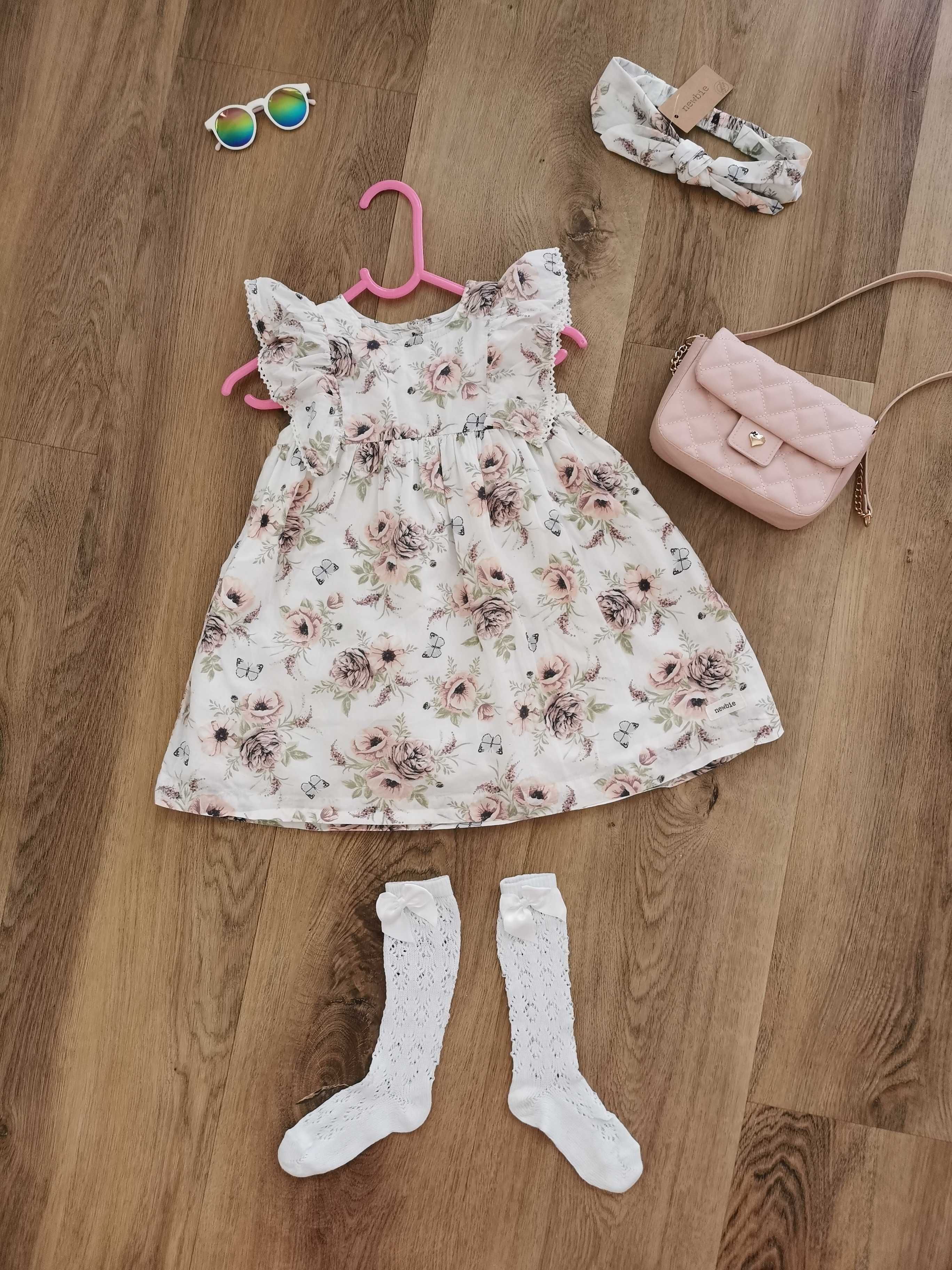 Newbie 92, Zestaw Sukienka w roze i motyle + opaska