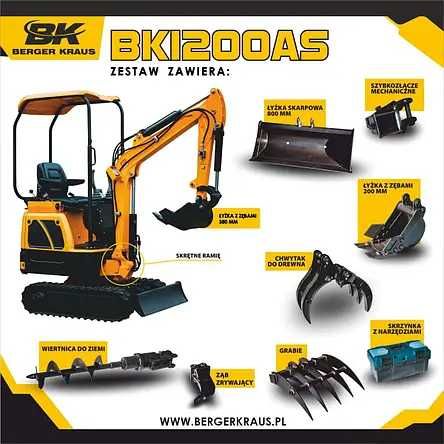 Міні-екскаватор Berger Kraus BK1200AS з повним приладдям, рука KUBOTA