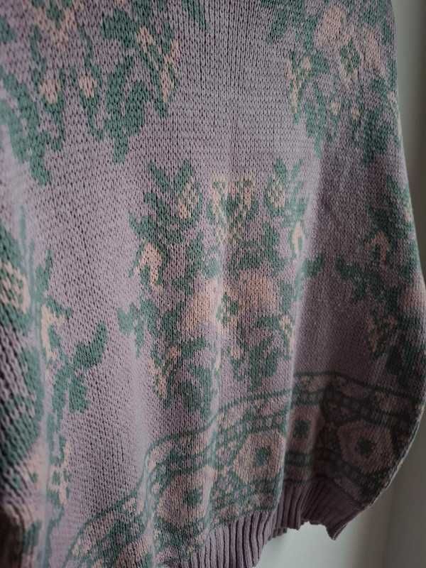 Sweter liliowy fioletowy vintage unikat we wzory oversize 36 38 40