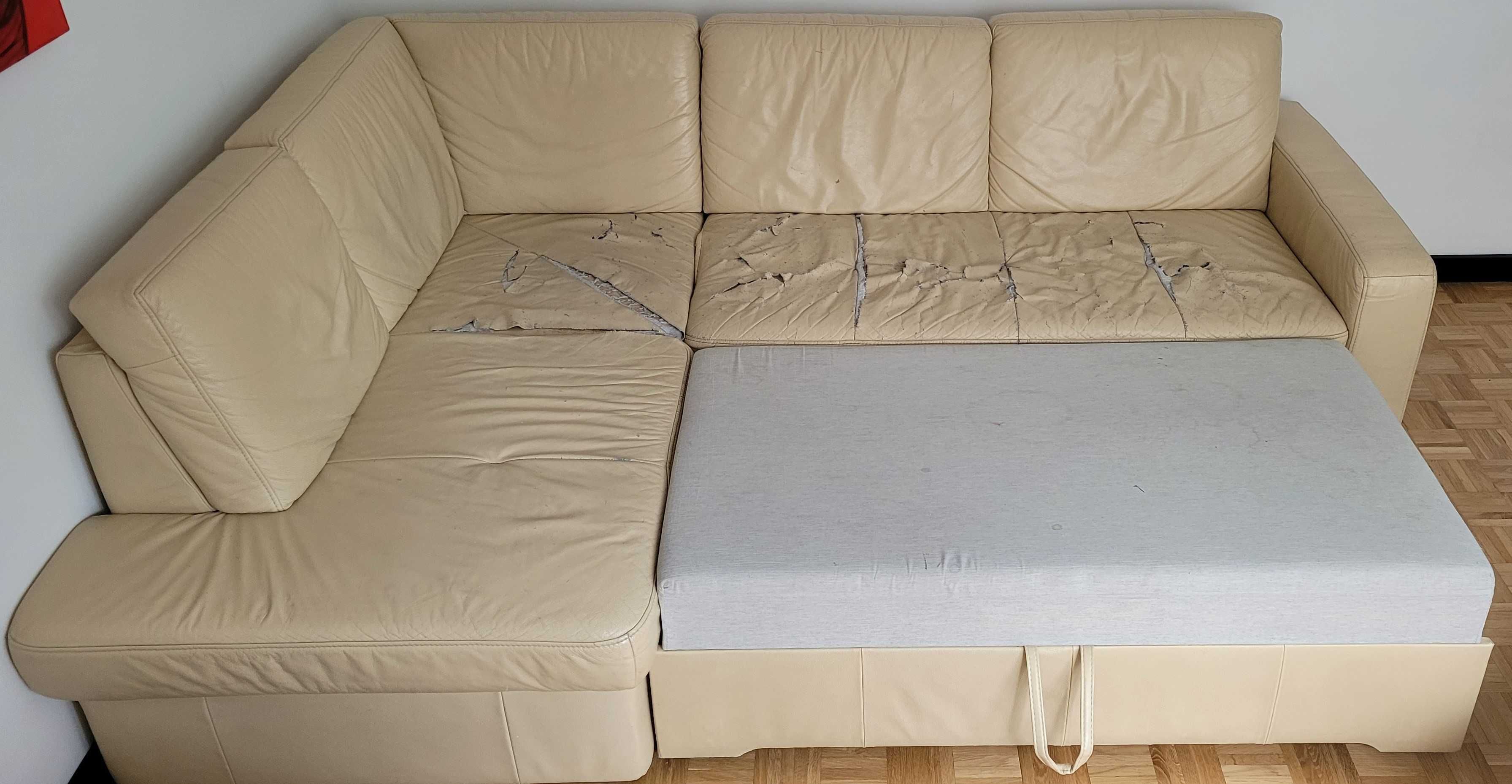 PILNE Kanapa sofa narożnik skóra krem beż spanie pojemnik na pościel