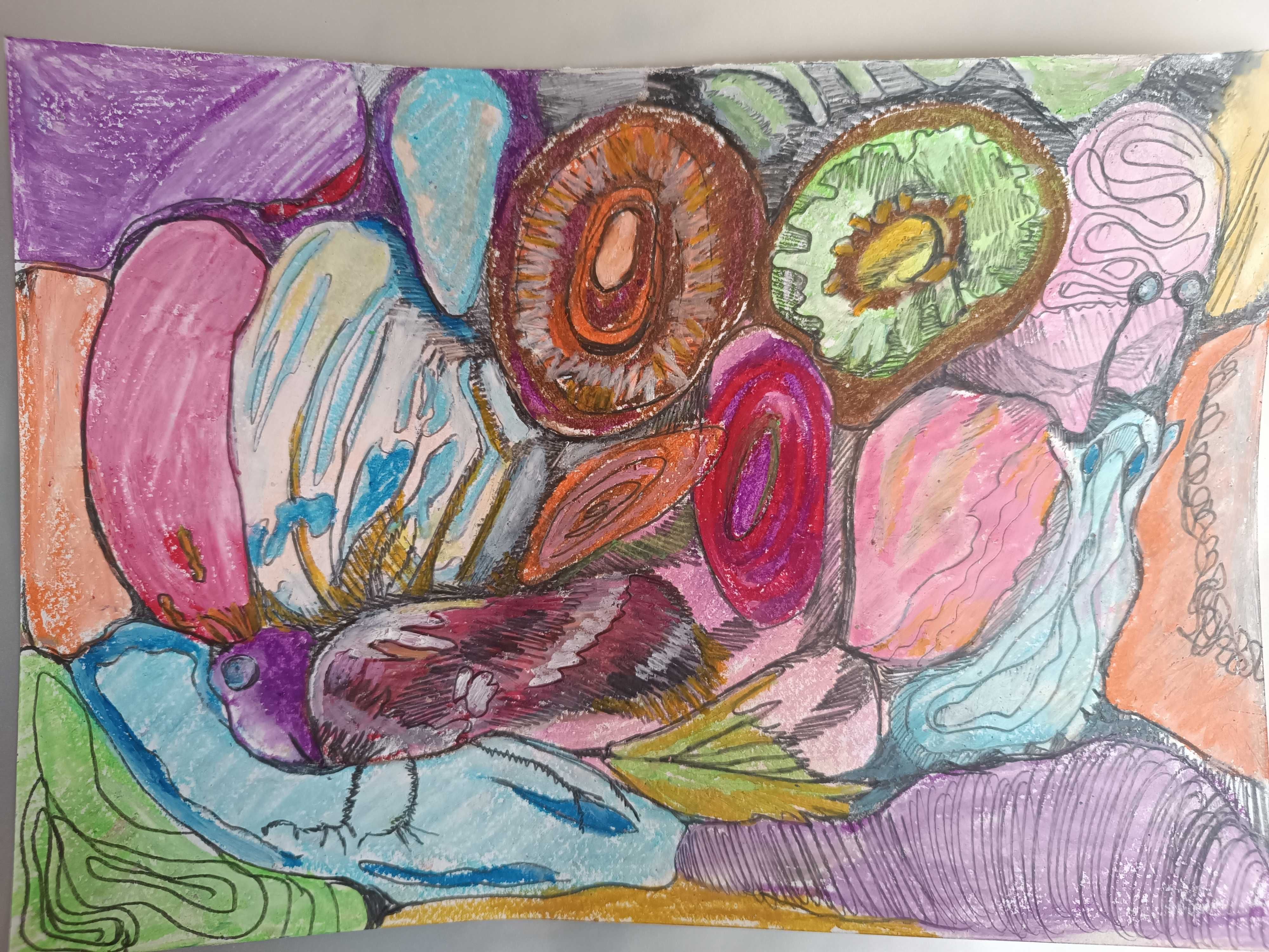 Obrazek rysowany pastelami olejnymi i ołówkiem