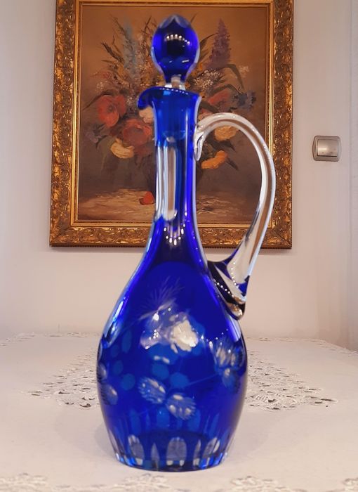 Karafka kryształowa kobaltowa kolorowy kryształ prl retro kryształy