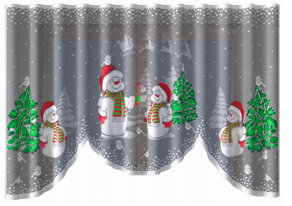 Świąteczna firana żakardowa Bałwanki ręcznie malowana 160x300