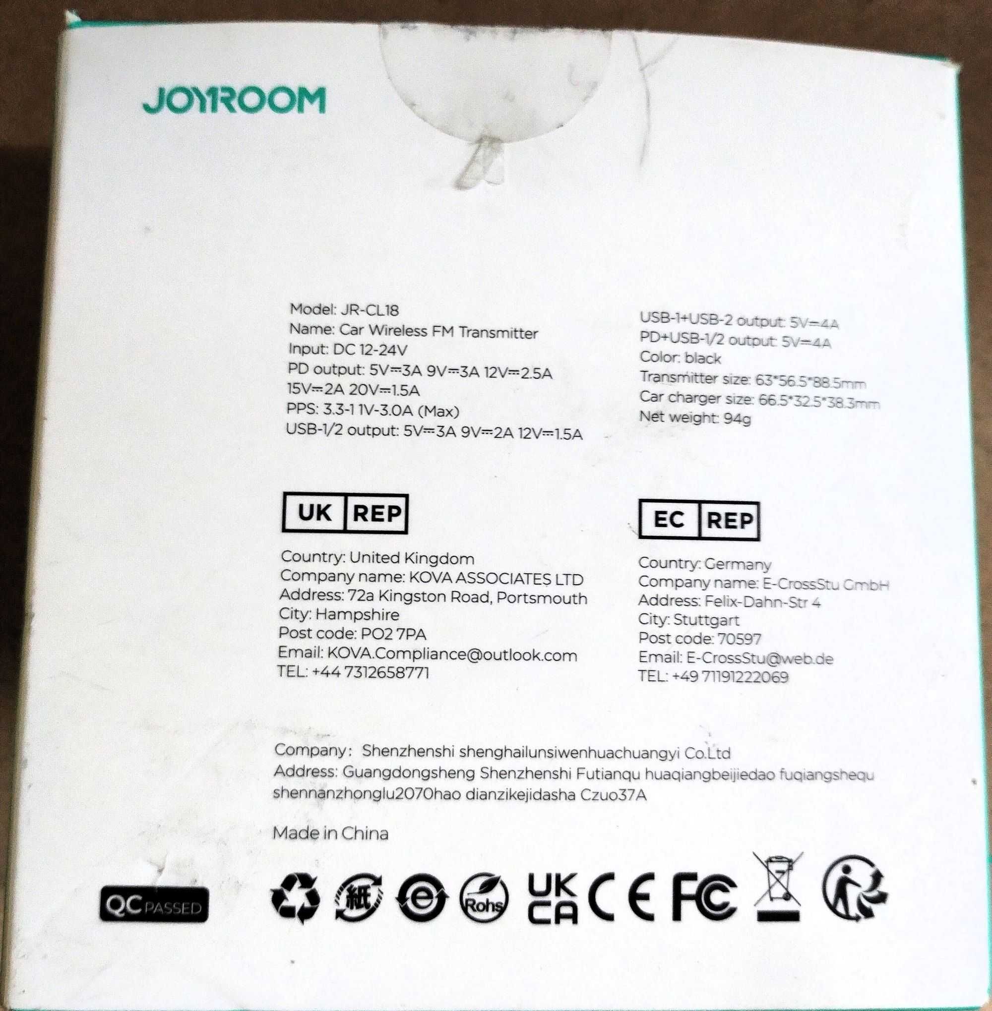 JOYROOM transmiter samochodowy Bluetooth 5.3 FM, Głęboki bas 30W PD