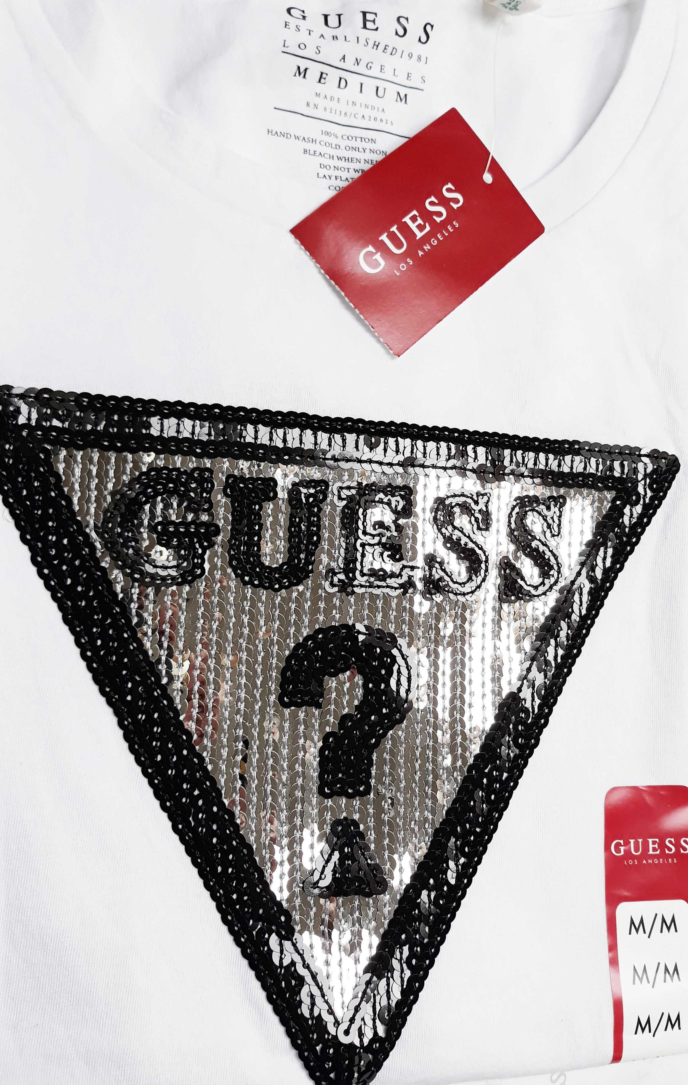 GUESS Oryginalny! Damski T-Shirt Koszulka Bluzka Biala Trojkat Cekiny