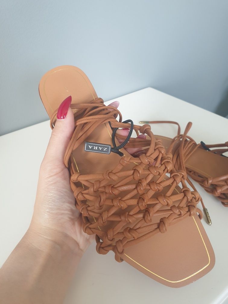 Zara 37 nowe sandaly skórzane karmelowe wiązane rzemyki brązowe skóra