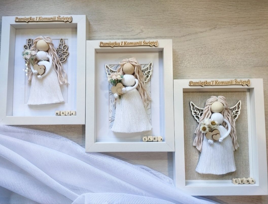Aniołek biały z makramy  Pamiątka Komunii Świętej bądź Chrztu,Anioł