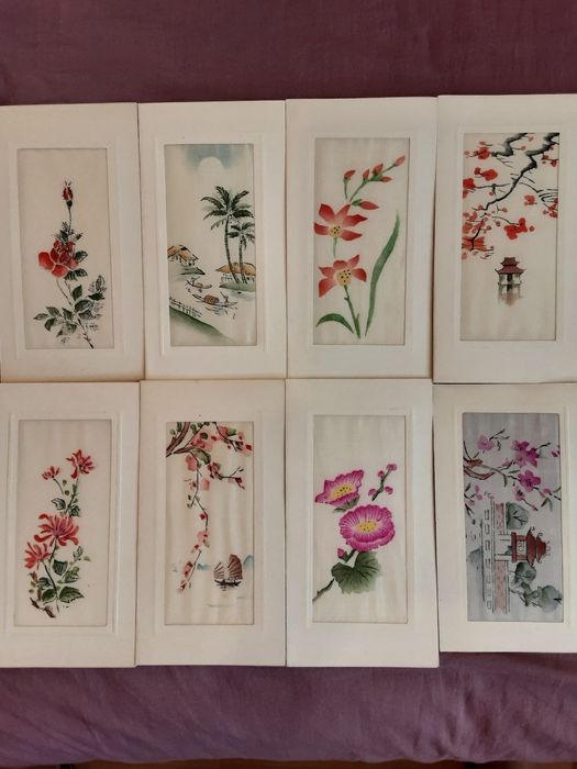 Открытки на ткани, ручная роспись , акварель 60-х годов,  Вьетнам
