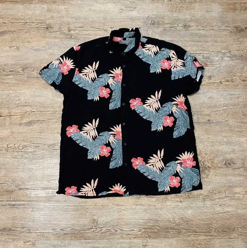 Koszula hawajska w liście i kwiaty Primark wiskoza czarna rozmiar XL