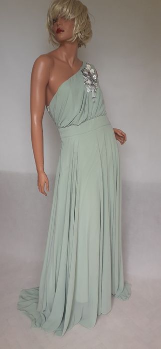 Elegancka Szałwiowa Sukienka Maxi na Jedno Ramię  42/XL