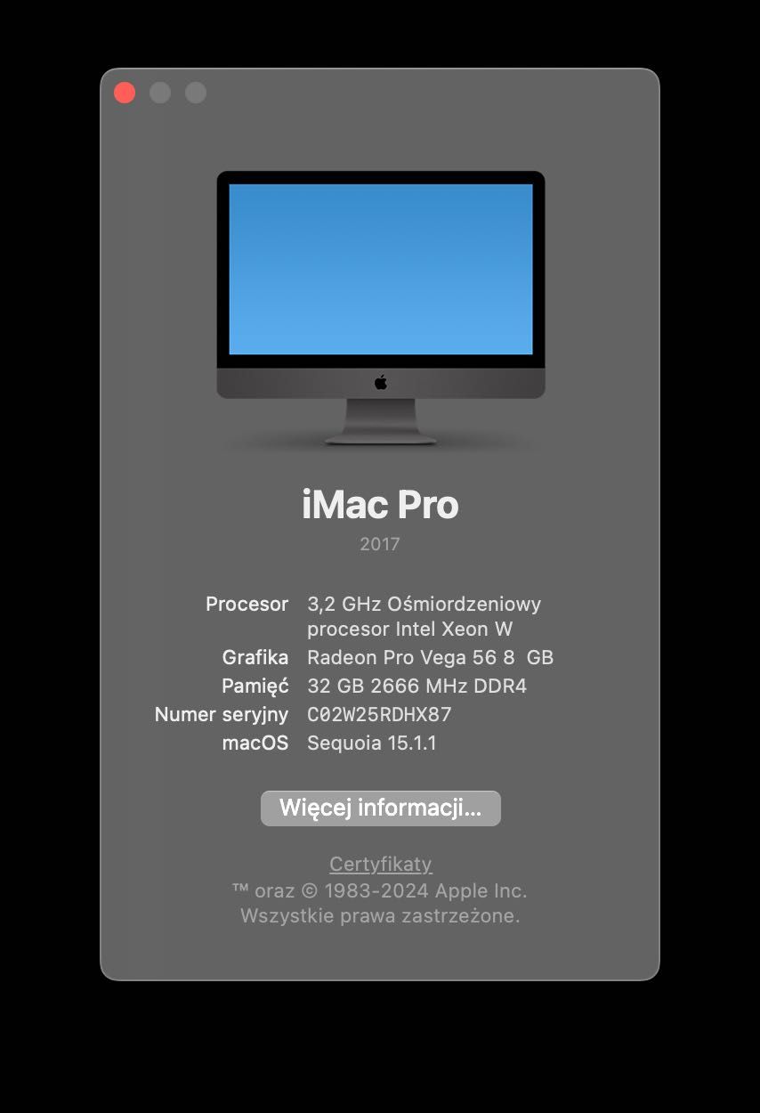 iMac PRO 27" 5K Xeon 8x3,2GHz | 32GB | 1TB SSD, Radeon PRO Vega 56 8GB