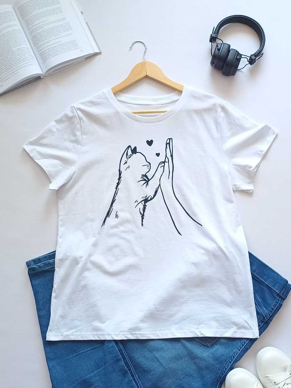 Nowa biała koszulka t-shirt z nadrukiem kota 100% bawełna damska 40 L