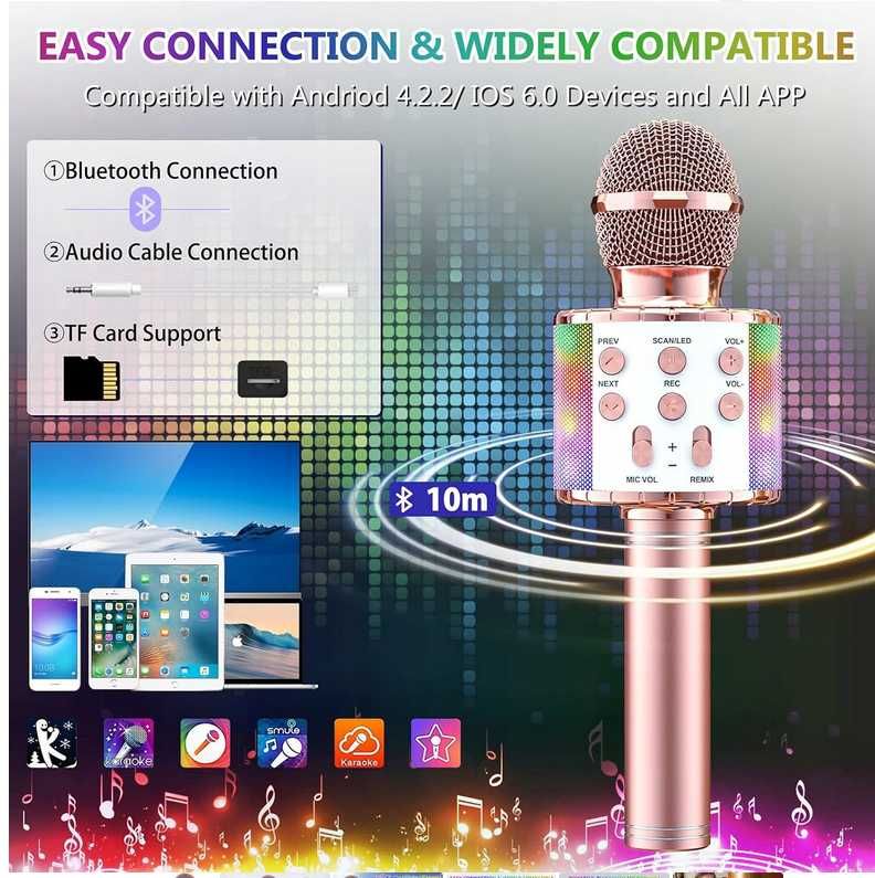 Wowstar Mikrofon Bluetooth do karaoke, bezprzewodowy mikrofon LED