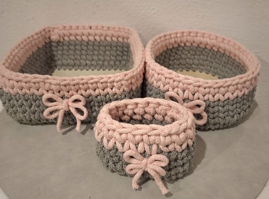 Koszyk na szydełku komplet kosz sznurek bawełniany handmade rękodzieło